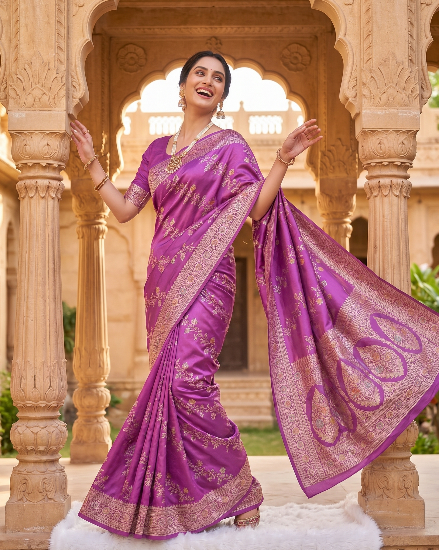 Woman in a purple saree standing in front of an architectural background