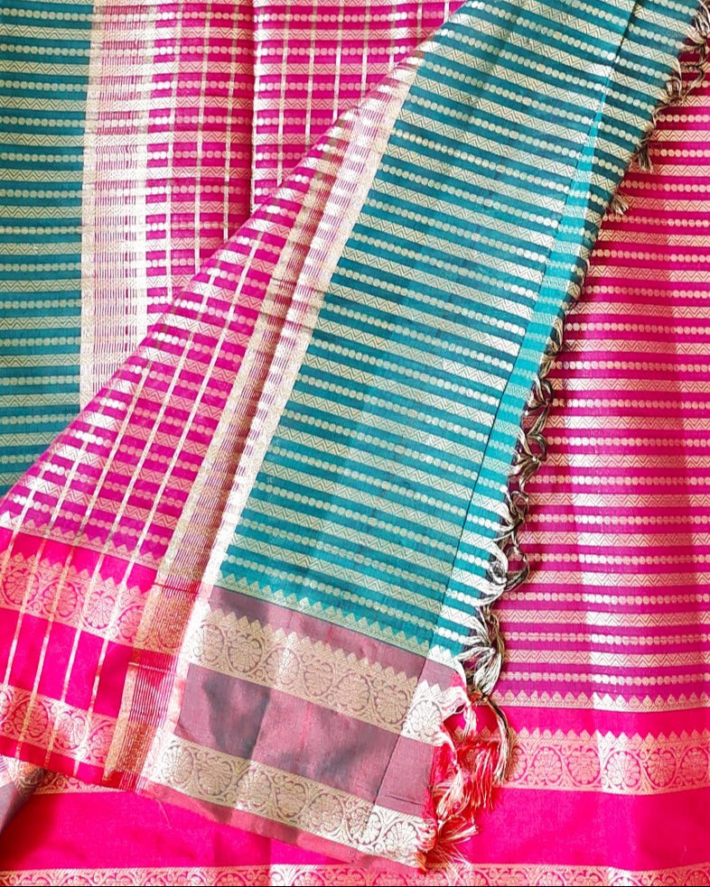 Pink and blue striped fabric with a checkered pattern