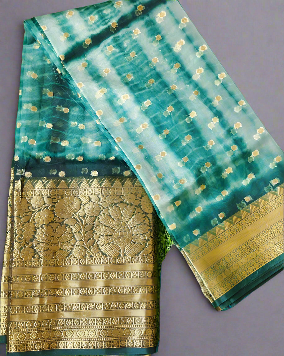 Green saree with gold border and patterns on a gray background