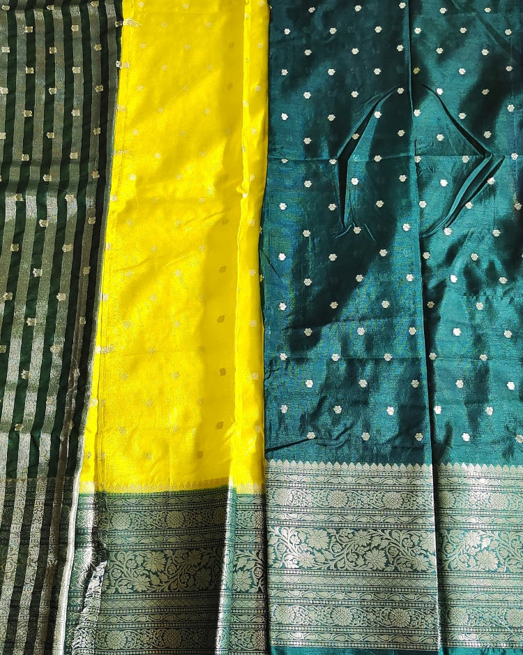 Saree with green, yellow, and blue patterns