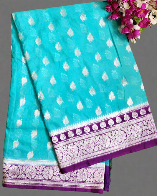 Semi Banarasi Katan Georgette Saree in Teal Blue with Purple Zari Border