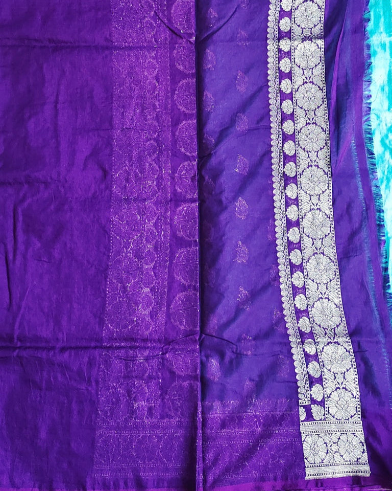 Semi Banarasi Katan Georgette Saree in Teal Blue with Purple Zari Border