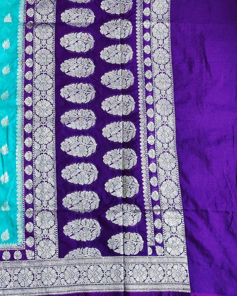 Semi Banarasi Katan Georgette Saree in Teal Blue with Purple Zari Border
