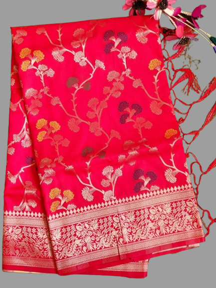 Red fabric with floral patterns on a gray background
