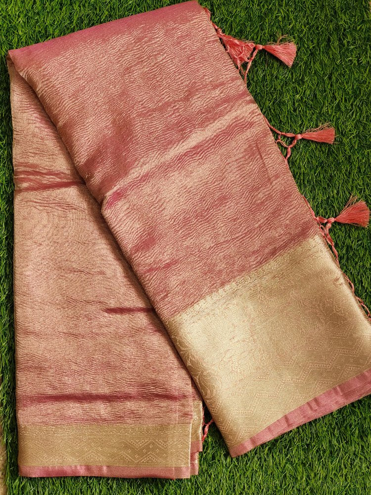Pink Banarasi Handwoven Crush Tissue silk Saree