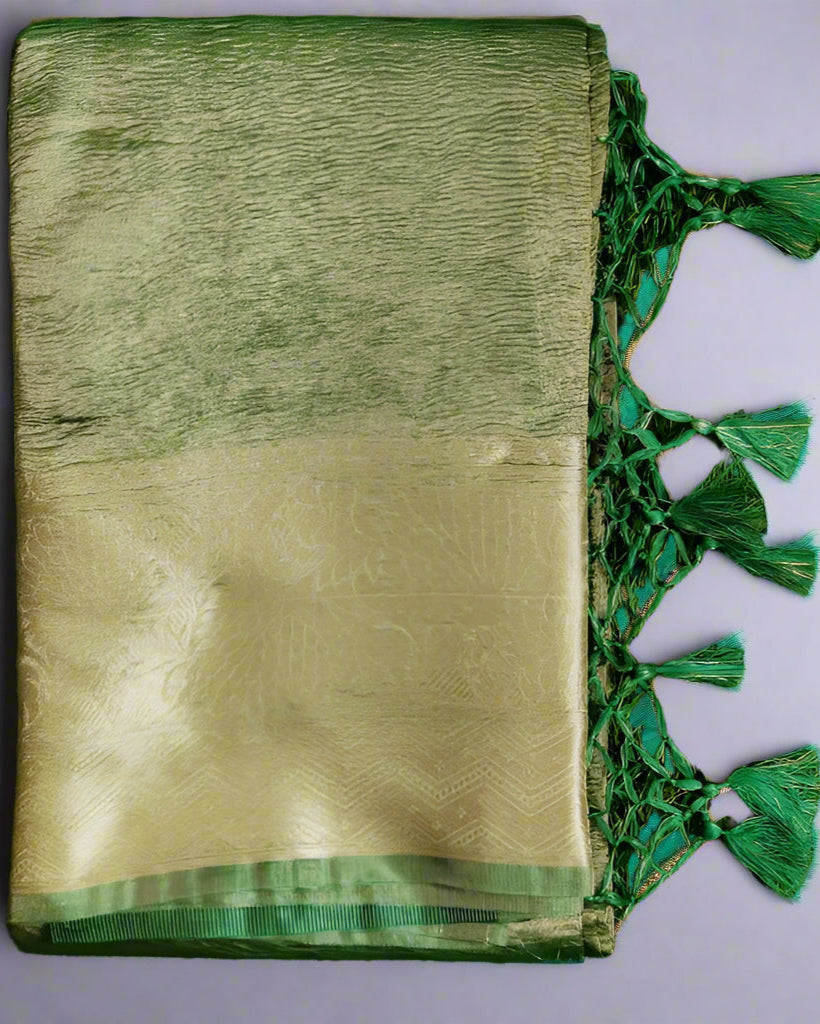 A green and beige Banarasi handwoven crush tissue silk saree with zari weave pallu and blouse, .