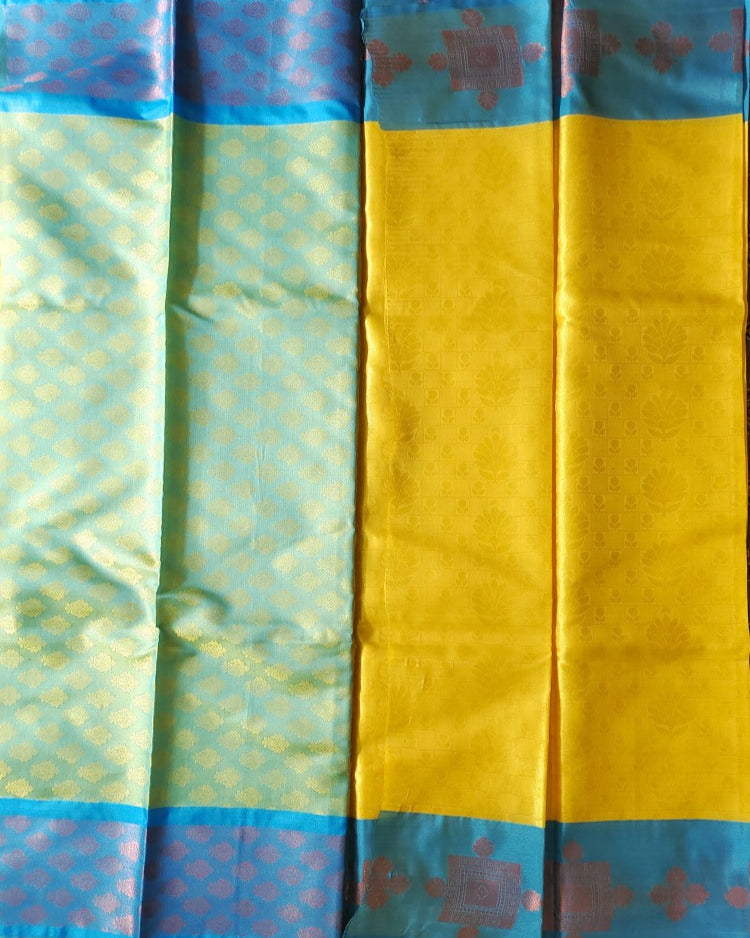 saree with blue, yellow, and blue patterns