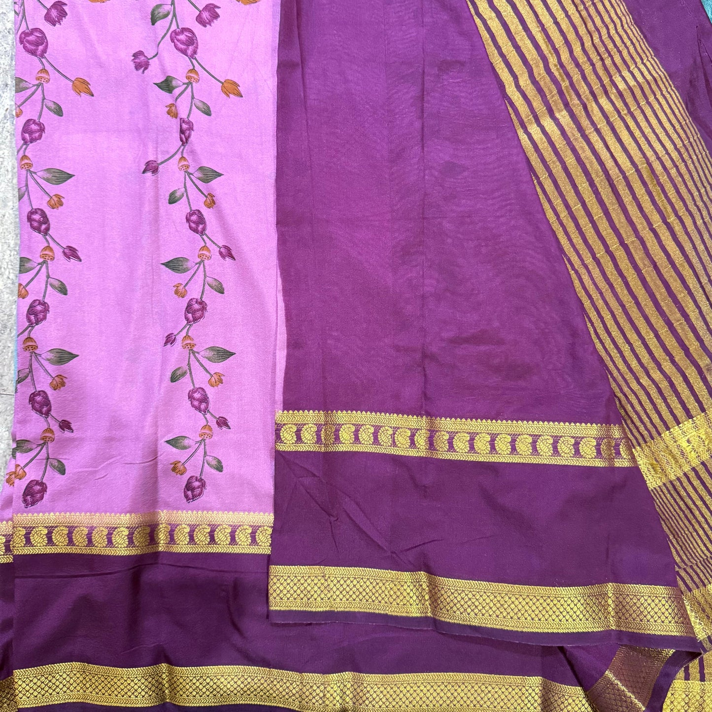 Purple saree with gold border and stripes Digital semi Mysore Silk Crepe Saree