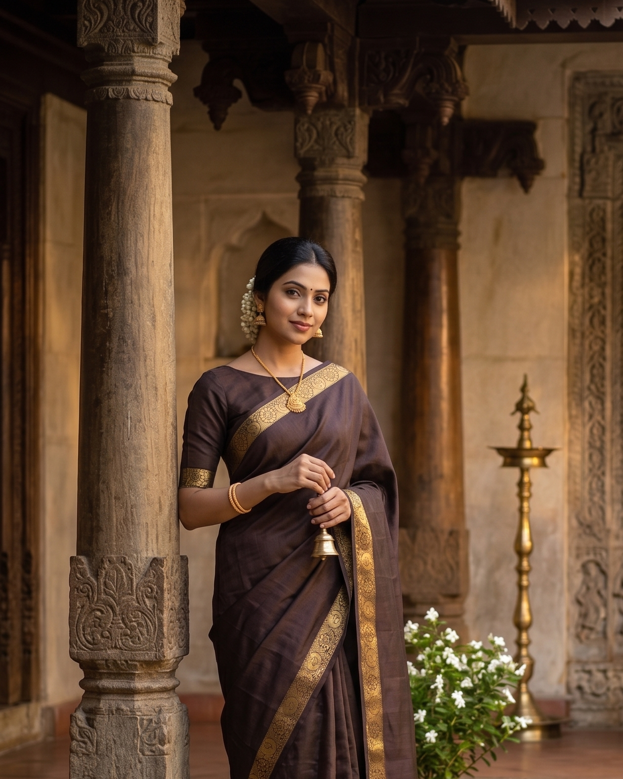Woman in a traditional saree standing in an ornate indoor setting with decorative elements.