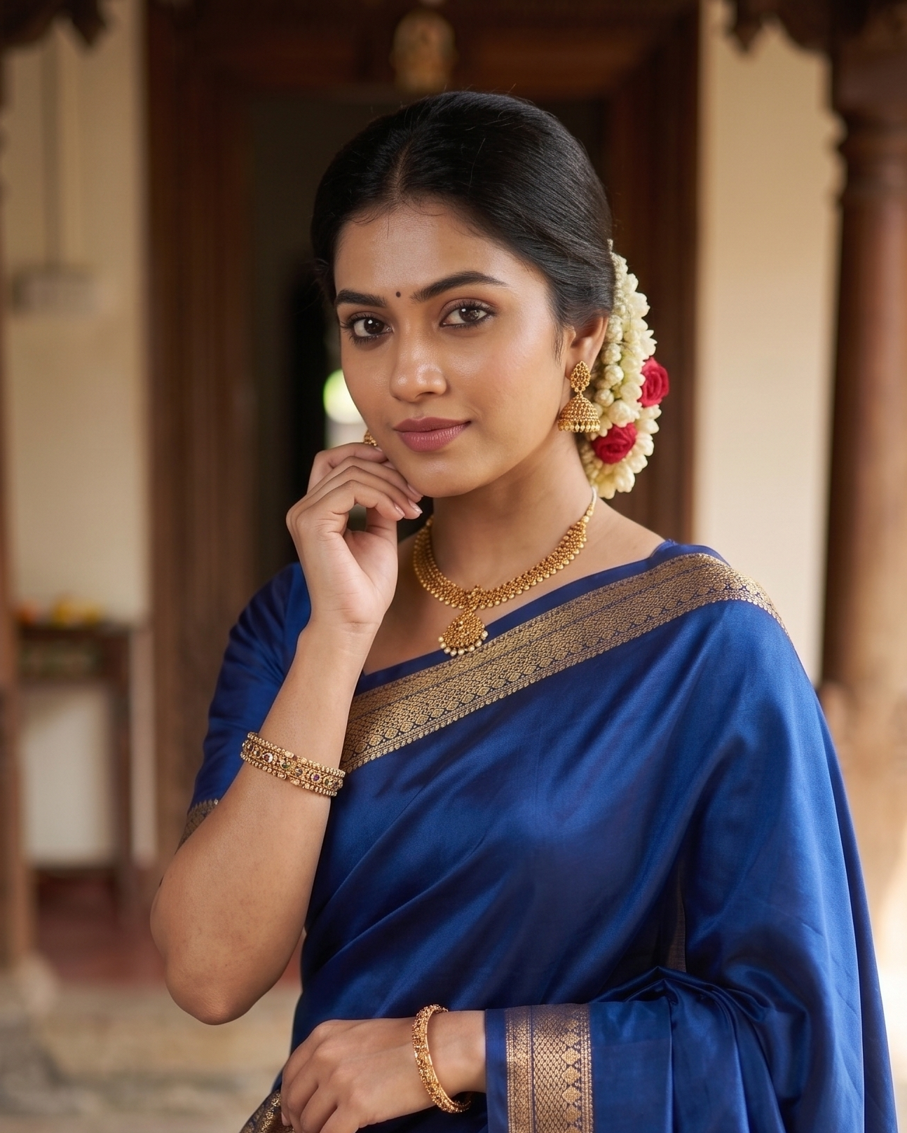 Woman in a blue saree with gold details in an indoor setting