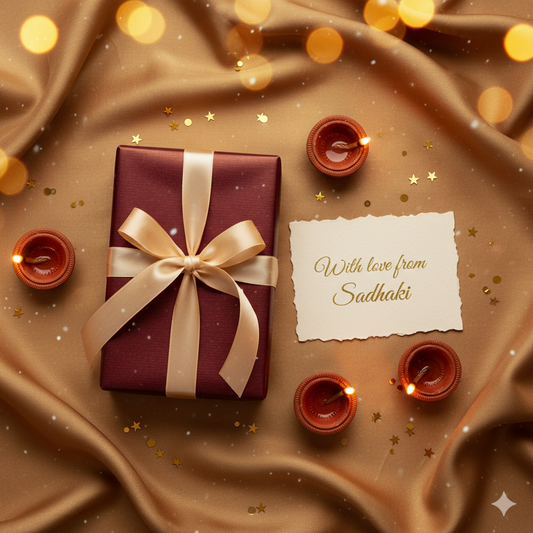 Gift box with a bow, candles, and a card on a textured surface with bokeh lights
