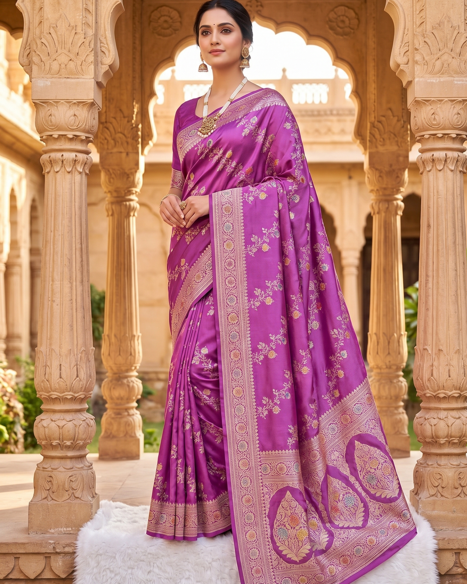 Woman in a purple saree with intricate patterns standing in an architectural setting.