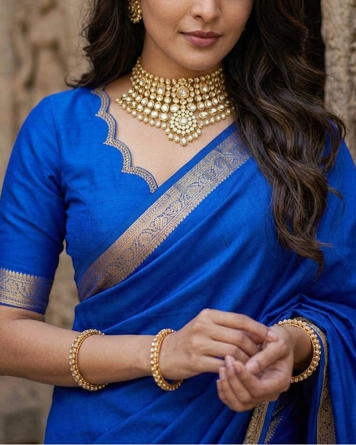 Woman in a blue saree with gold jewelry standing in front of stone architecture.
