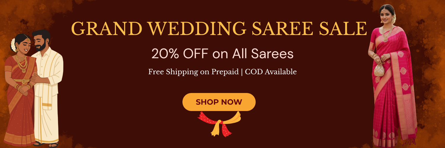 Grand Wedding Saree Sale Banner – 20% Off Lightweight Semi Banarasi & Semi Mysore Sarees by Sadhaki – Free Shipping on Prepaid, COD Available