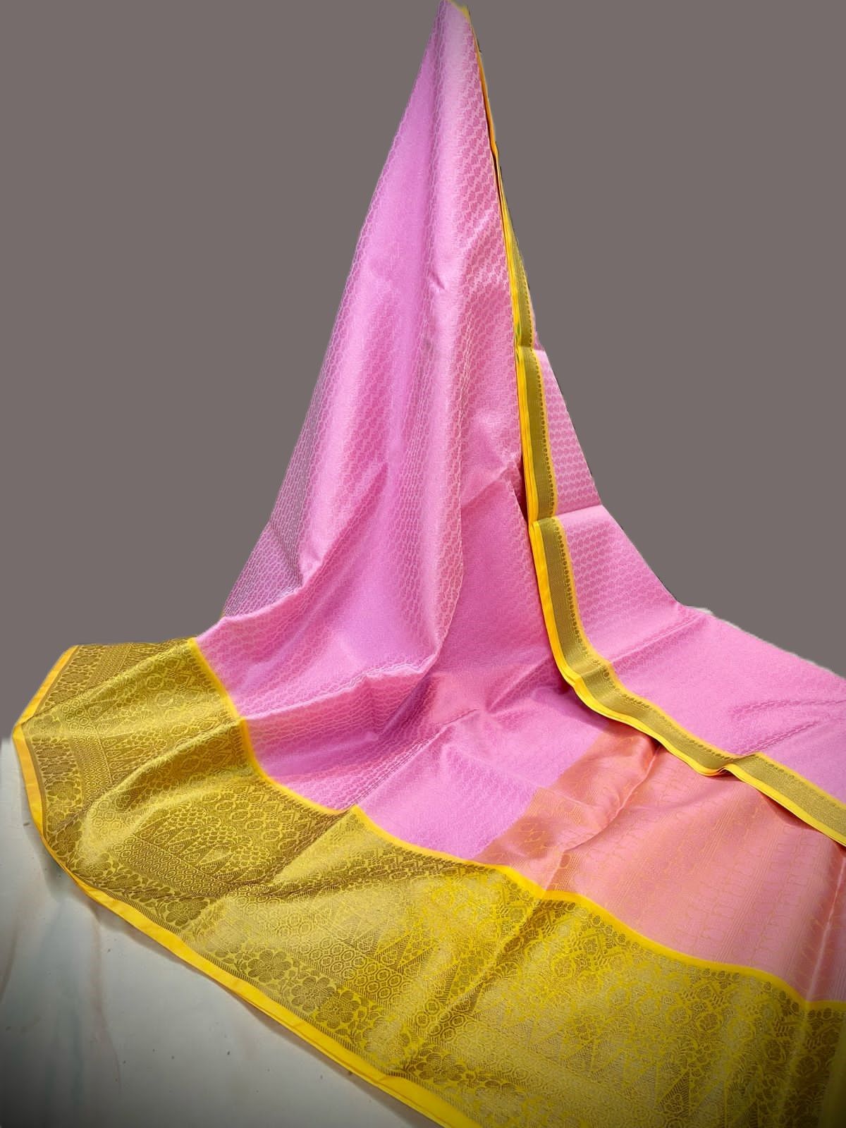 Pink and Yellow Banaras Kora Muslin Saree