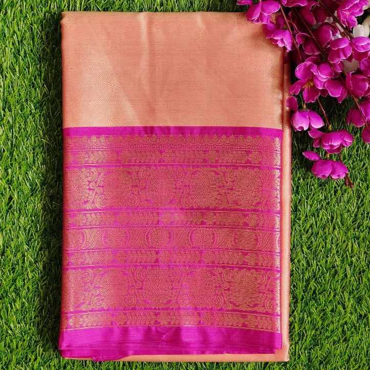 Pink Contrast Banaras Kora Muslin Saree