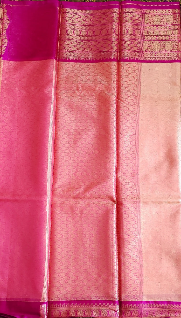 Pink Contrast Banaras Kora Muslin Saree