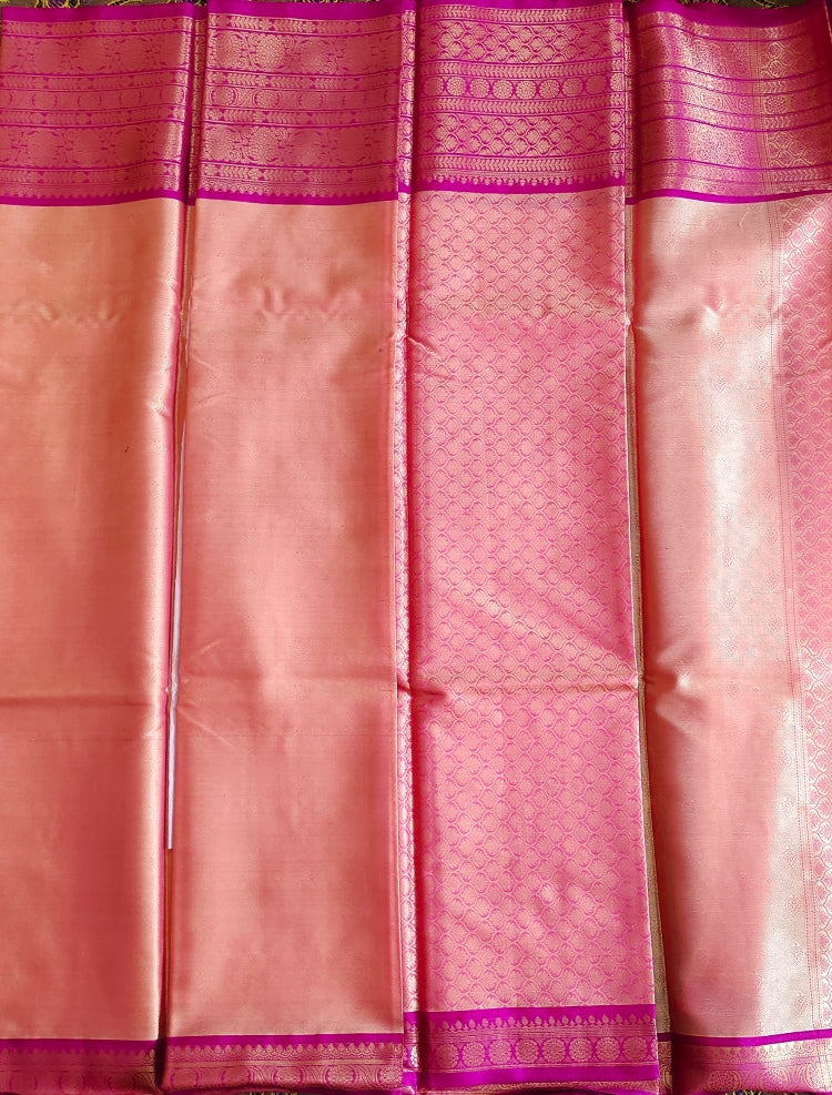 Pink Contrast Banaras Kora Muslin Saree