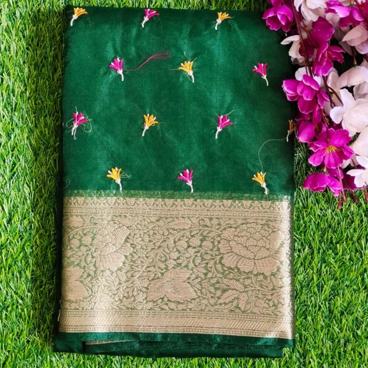 Green organza embroidered saree