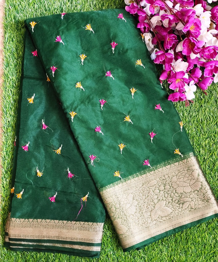 Green organza embroidered saree