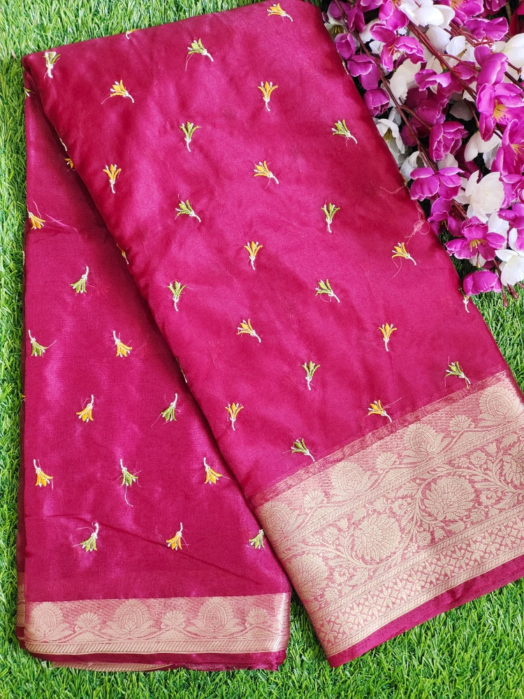 Pink organza embroidered saree