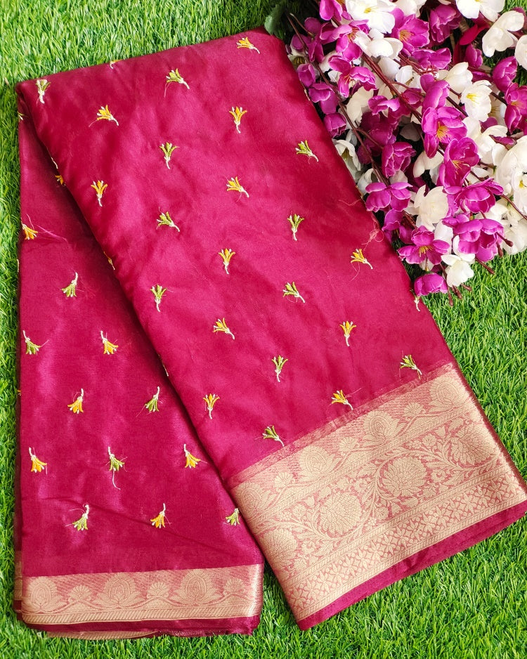 Pink organza embroidered saree