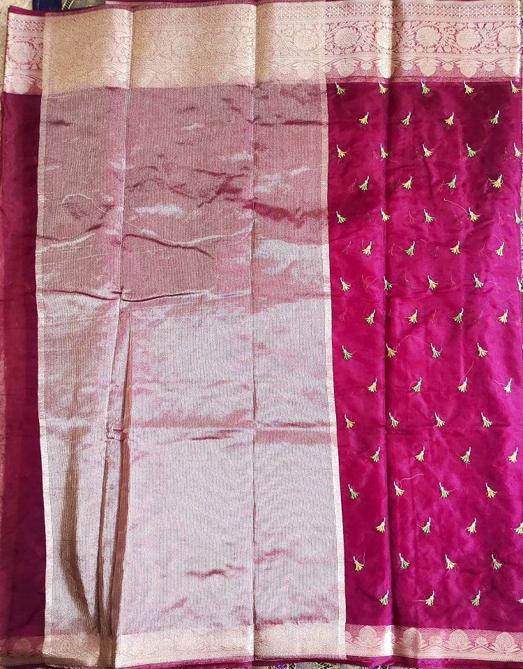 Pink organza embroidered saree