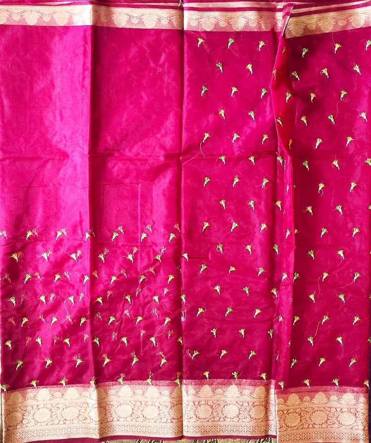 Pink organza embroidered saree