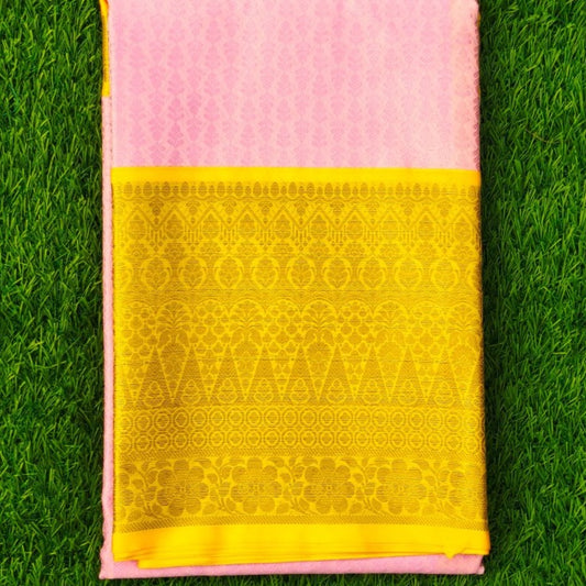 Pink and Yellow Banaras Kora Muslin Saree