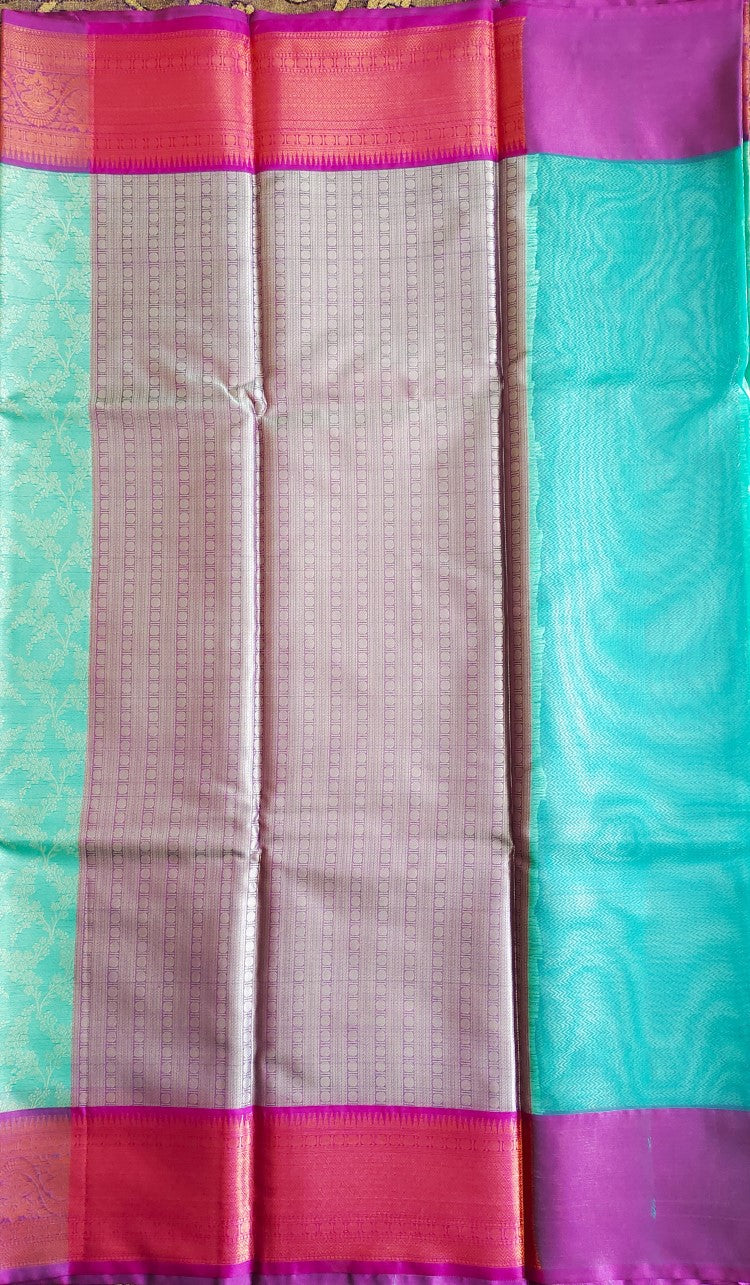 Blue and Pink Banaras Kora Muslin Saree