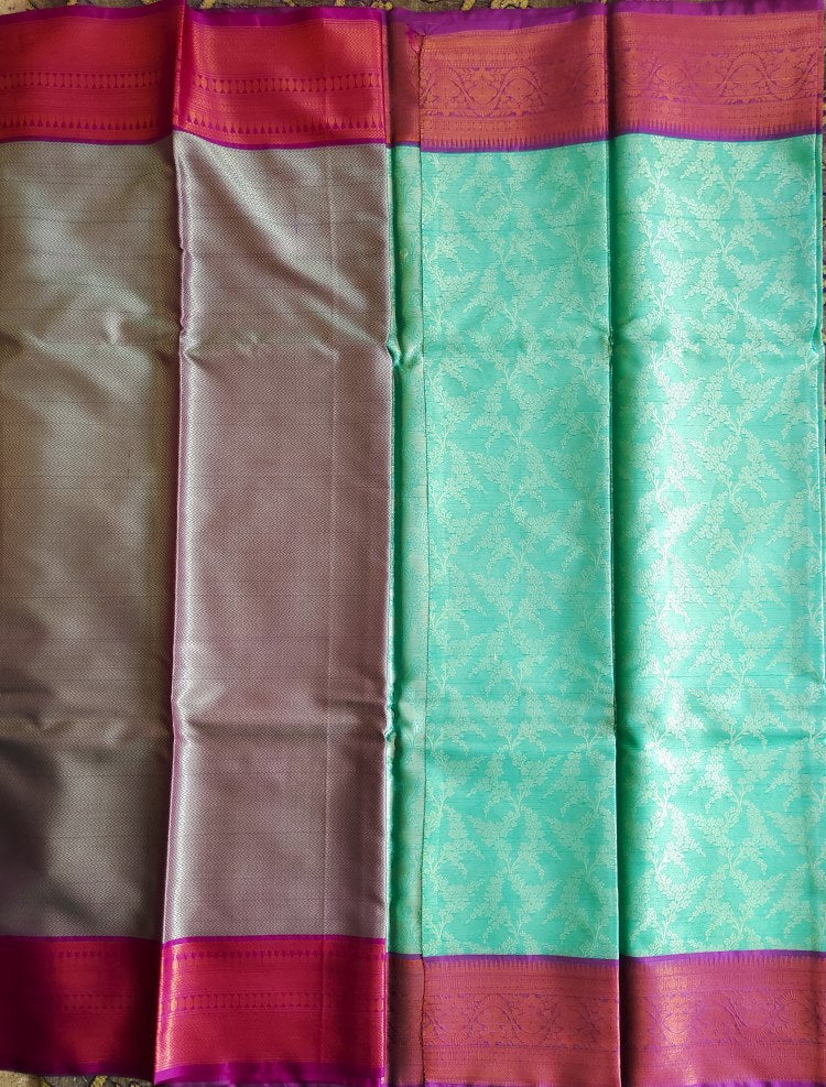 Blue and Pink Banaras Kora Muslin Saree