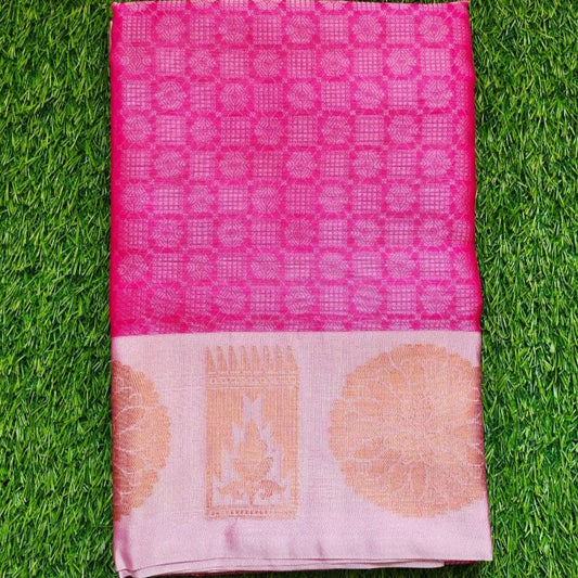 Pink Checks Banaras Kora Muslin Saree