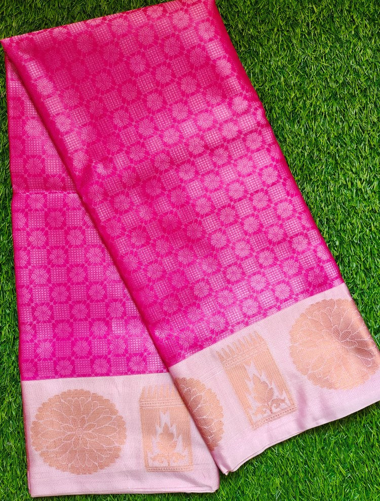 Pink Checks Banaras Kora Muslin Saree