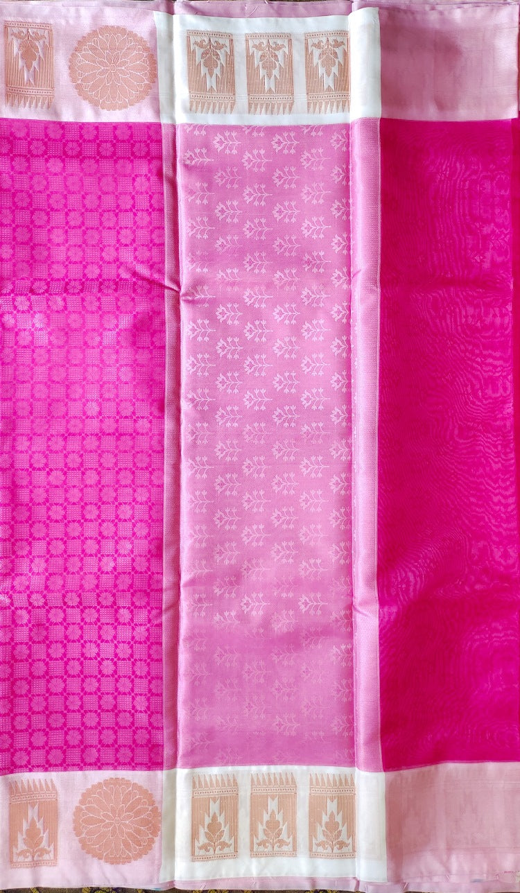 Pink Checks Banaras Kora Muslin Saree