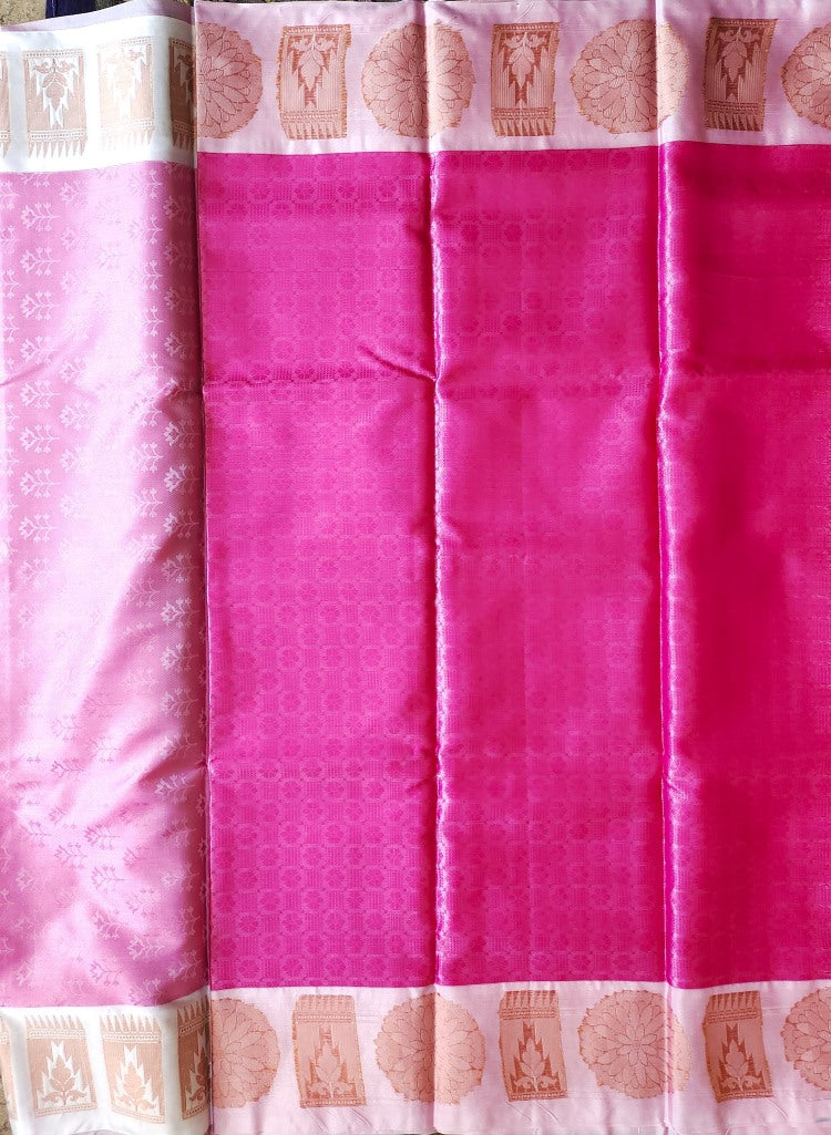 Pink Checks Banaras Kora Muslin Saree