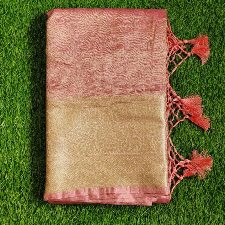 Pink Banarasi Handwoven Crush  Tissue silk Saree