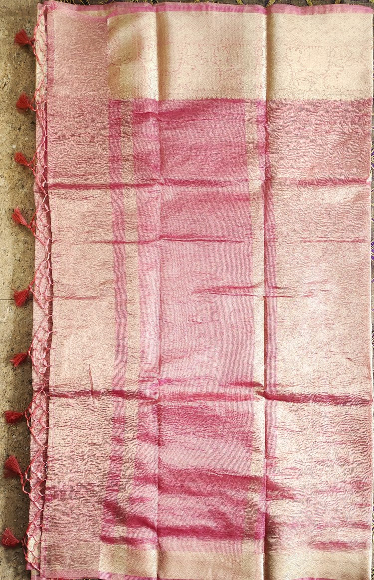 Pink Banarasi Handwoven Crush  Tissue silk Saree