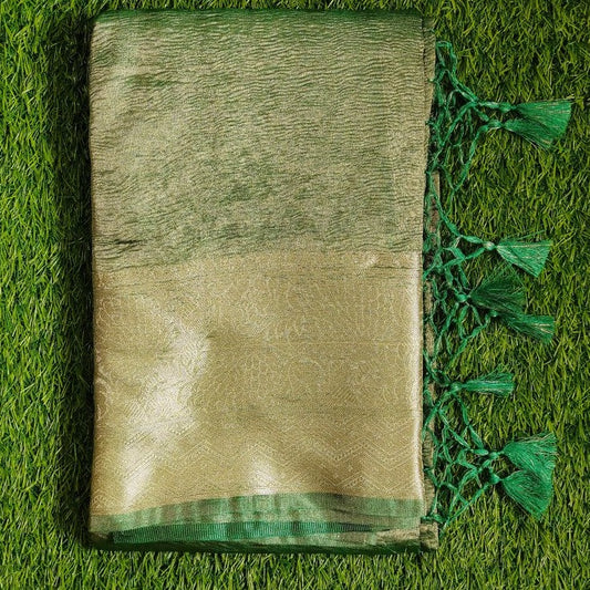 Green Banarasi Handwoven Crush  Tissue silk Saree