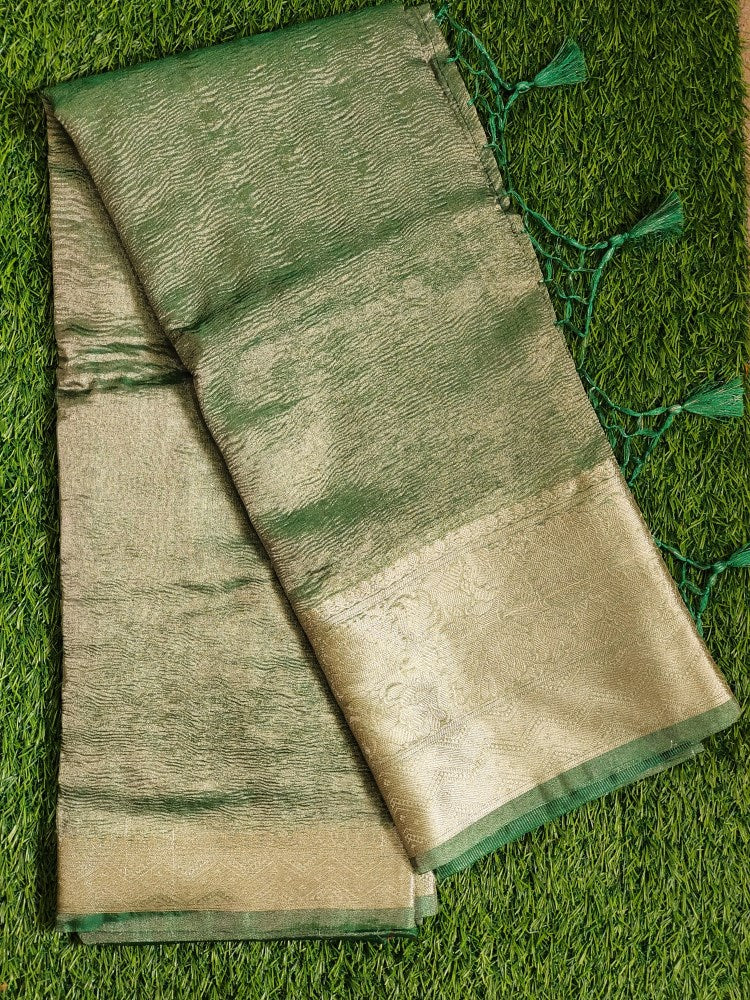 Green Banarasi Handwoven Crush  Tissue silk Saree