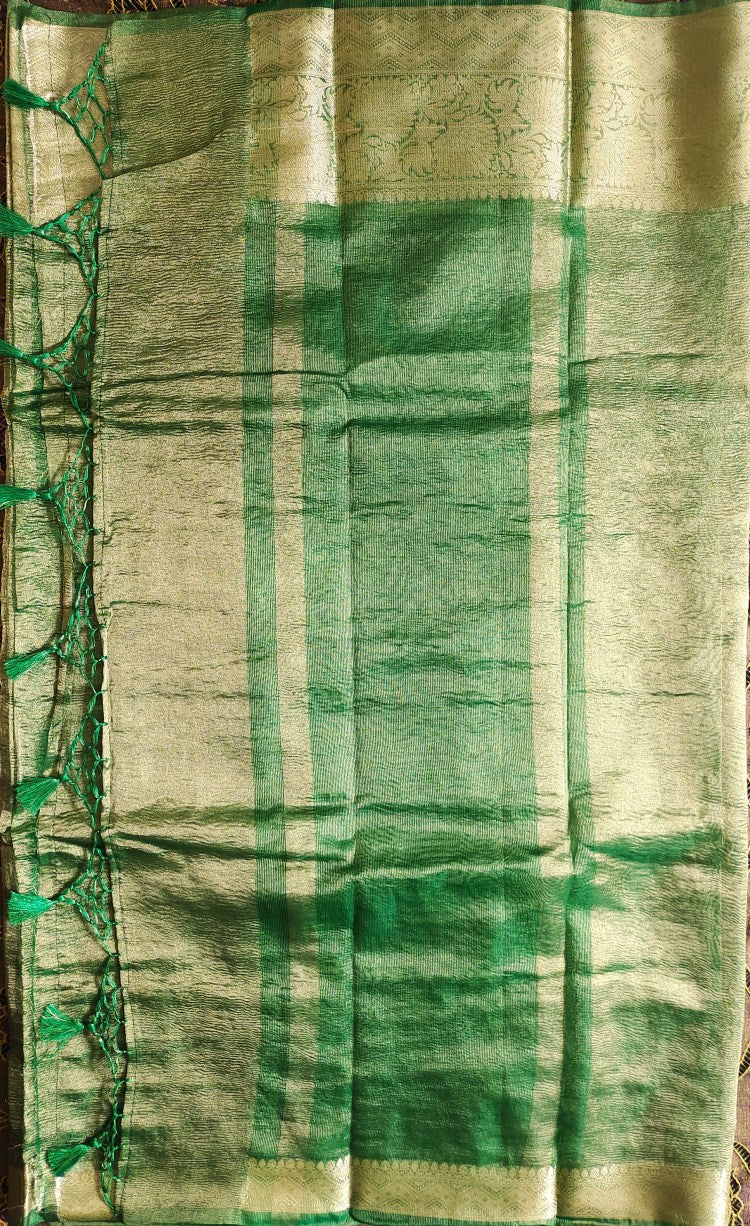 Green Banarasi Handwoven Crush  Tissue silk Saree