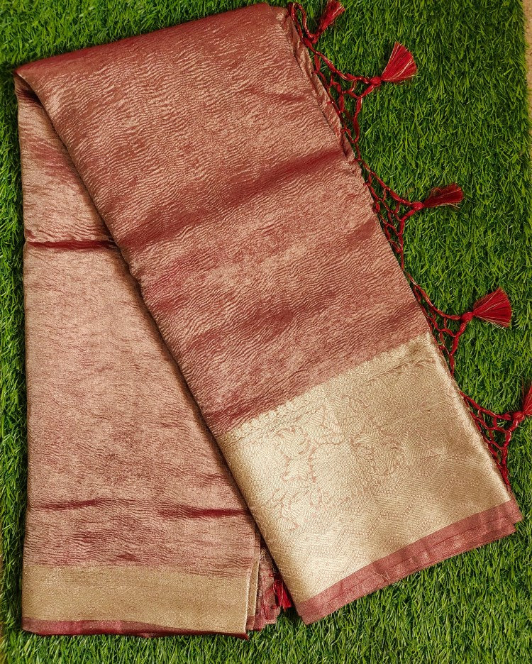 Maroon Banarasi Handwoven Crush  Tissue silk Saree