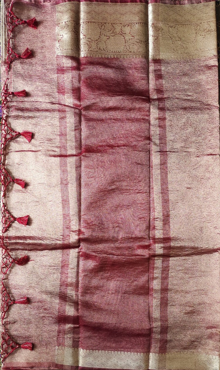 Maroon Banarasi Handwoven Crush  Tissue silk Saree