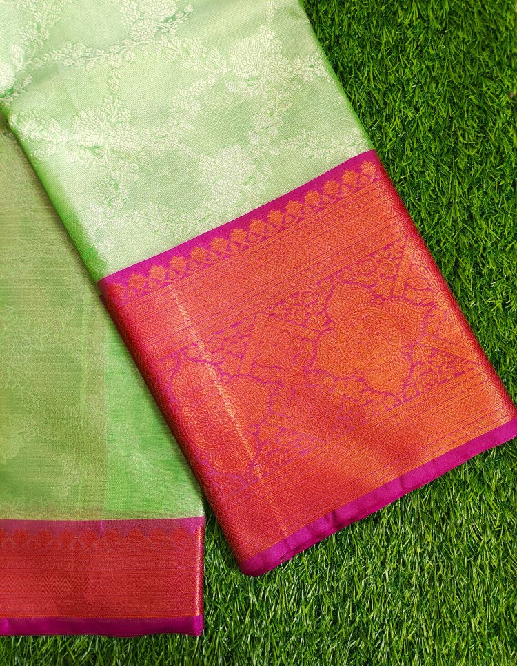 Light Green Banaras Kora Muslin Saree