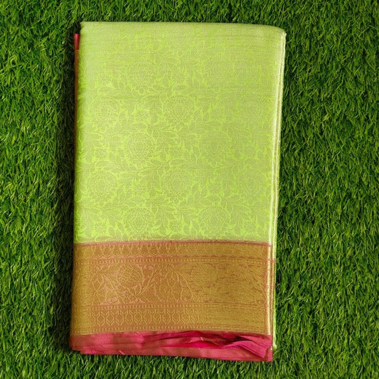 Green Contrast Banaras Kora Muslin Saree