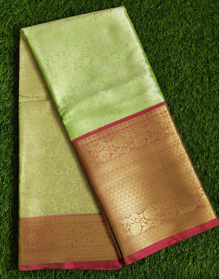 Green Contrast Banaras Kora Muslin Saree