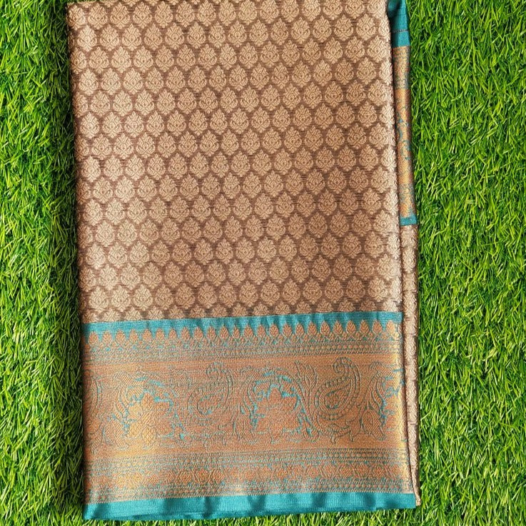 Brown and Teal Banaras Kora Muslin Saree