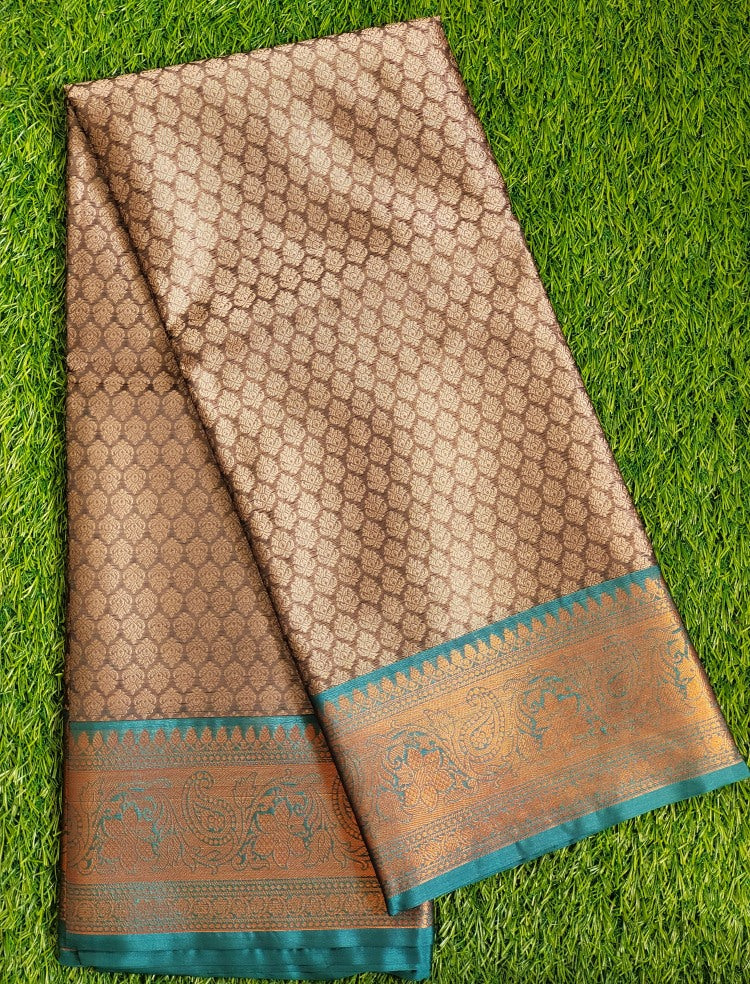 Brown and Teal Banaras Kora Muslin Saree