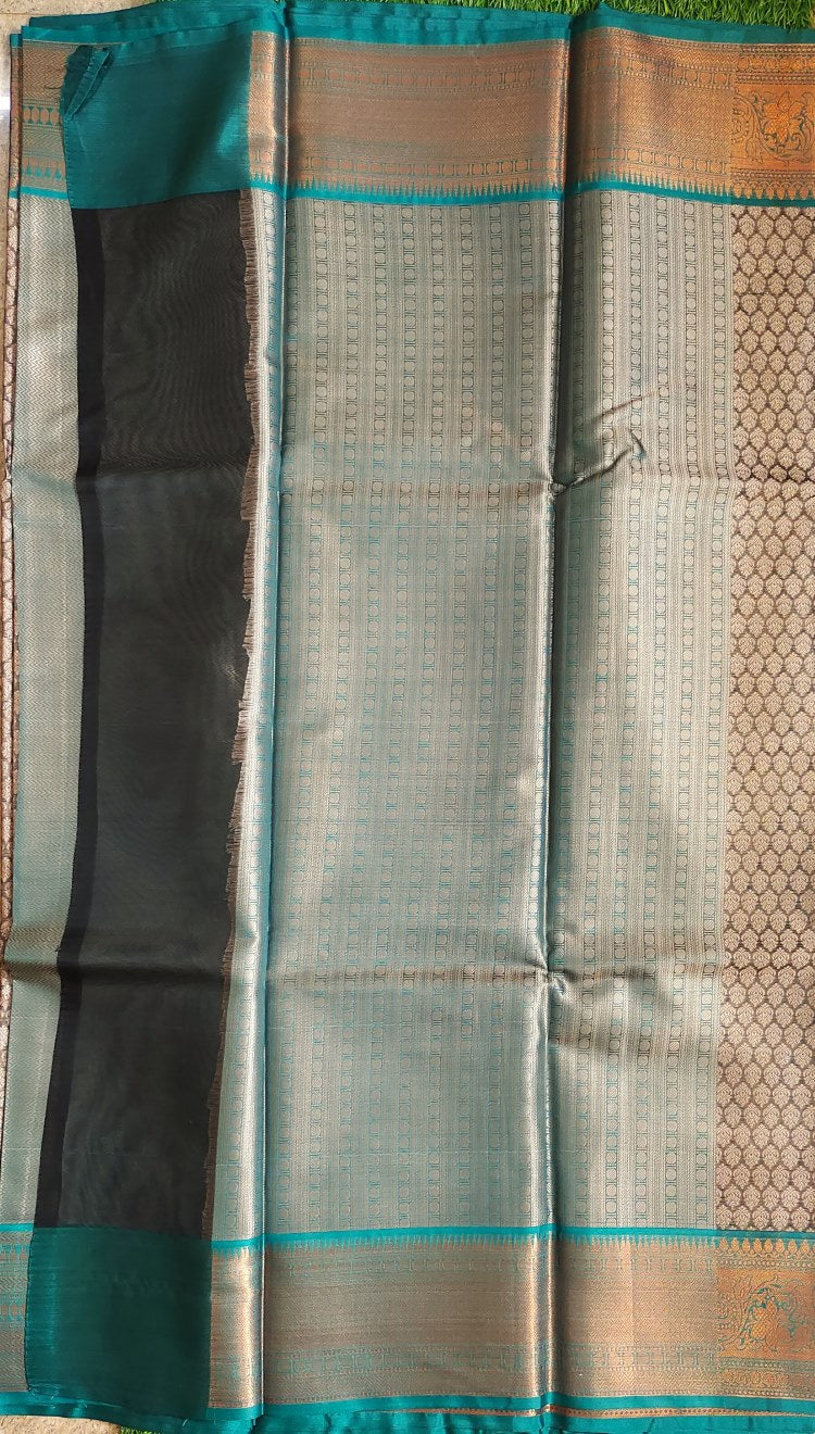 Brown and Teal Banaras Kora Muslin Saree