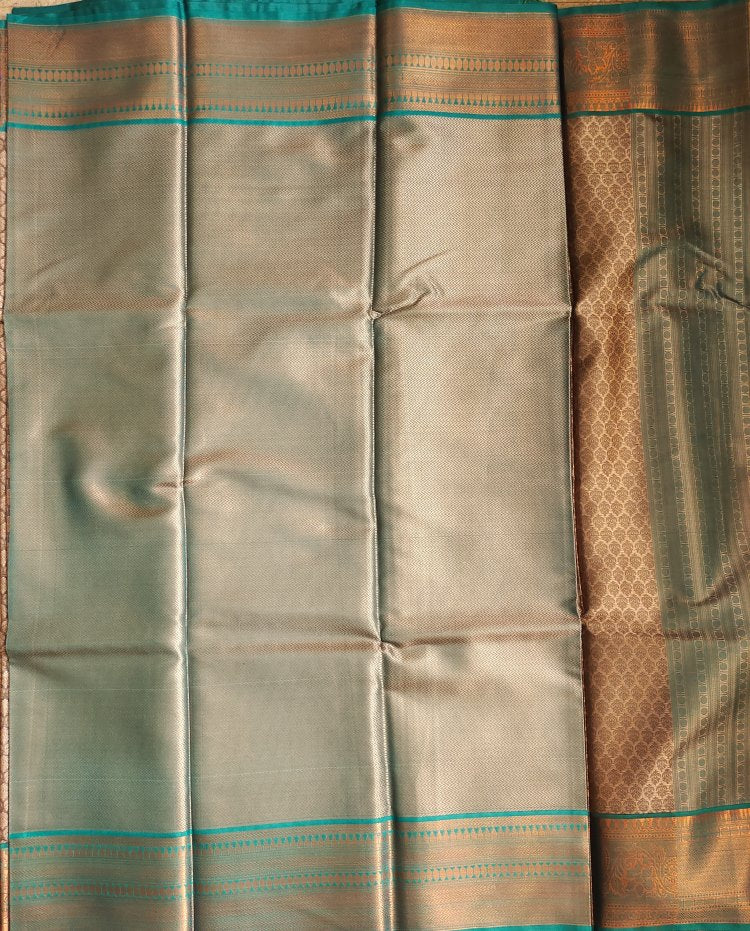 Brown and Teal Banaras Kora Muslin Saree