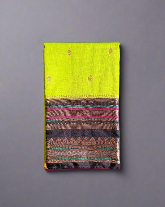Banarasi Semi Georgette Soft Silk Saree  – Lime Green & Black Contrast